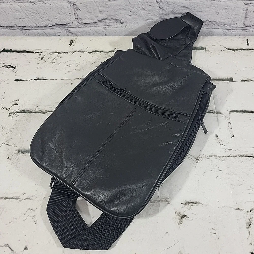 BUXTON Sling Shoulder Bag Soft‎ Genuine Leather Backpack Black Hobo Tote Pockets